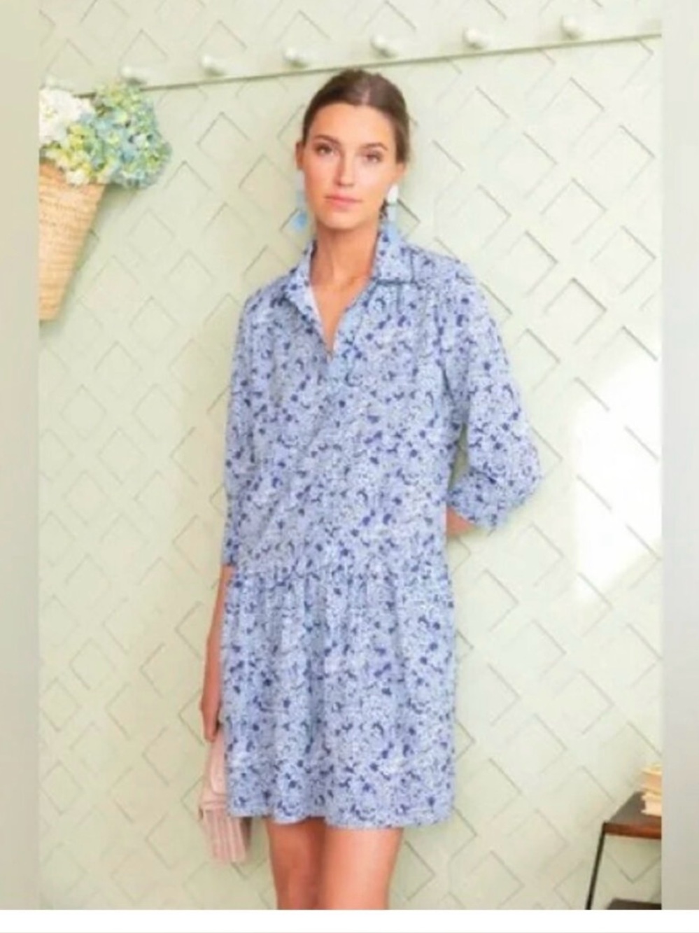 Tuckernuck Women's Hayes Blue Hydrangeas Button Front Shirt Dress Size large